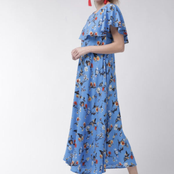 Women Blue Cape Sleeve Maxi Dress