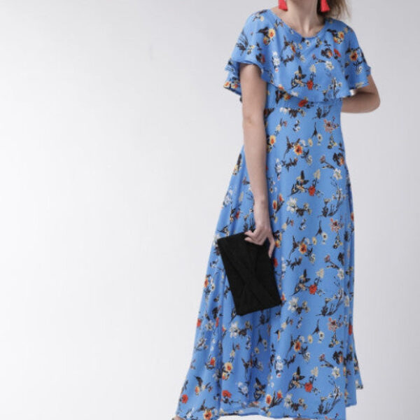 Women Blue Cape Sleeve Maxi Dress