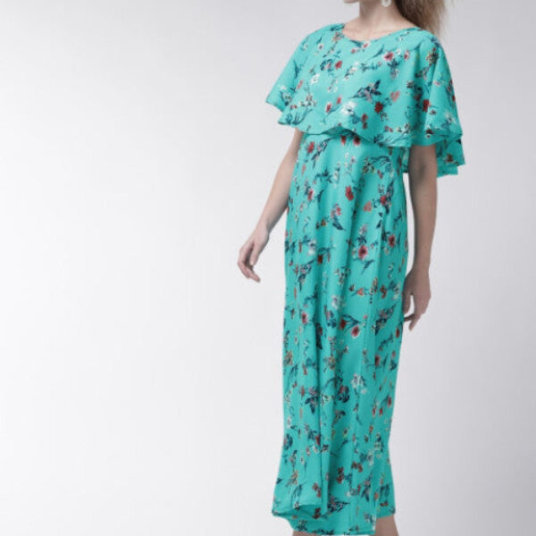 Women Turquoise Cape Sleeve Maxi Dress