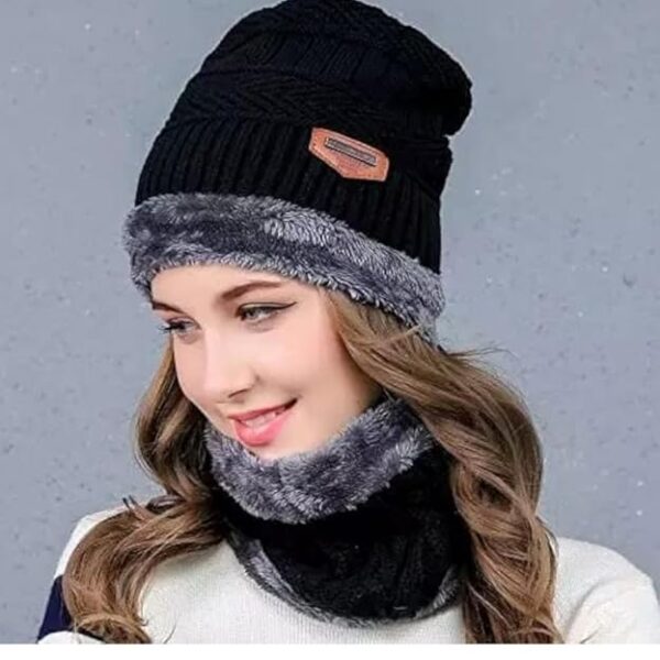 Woolen Winter Cap Beanie Hat with Neck Warmer Set (Multicolor, Set of 1)